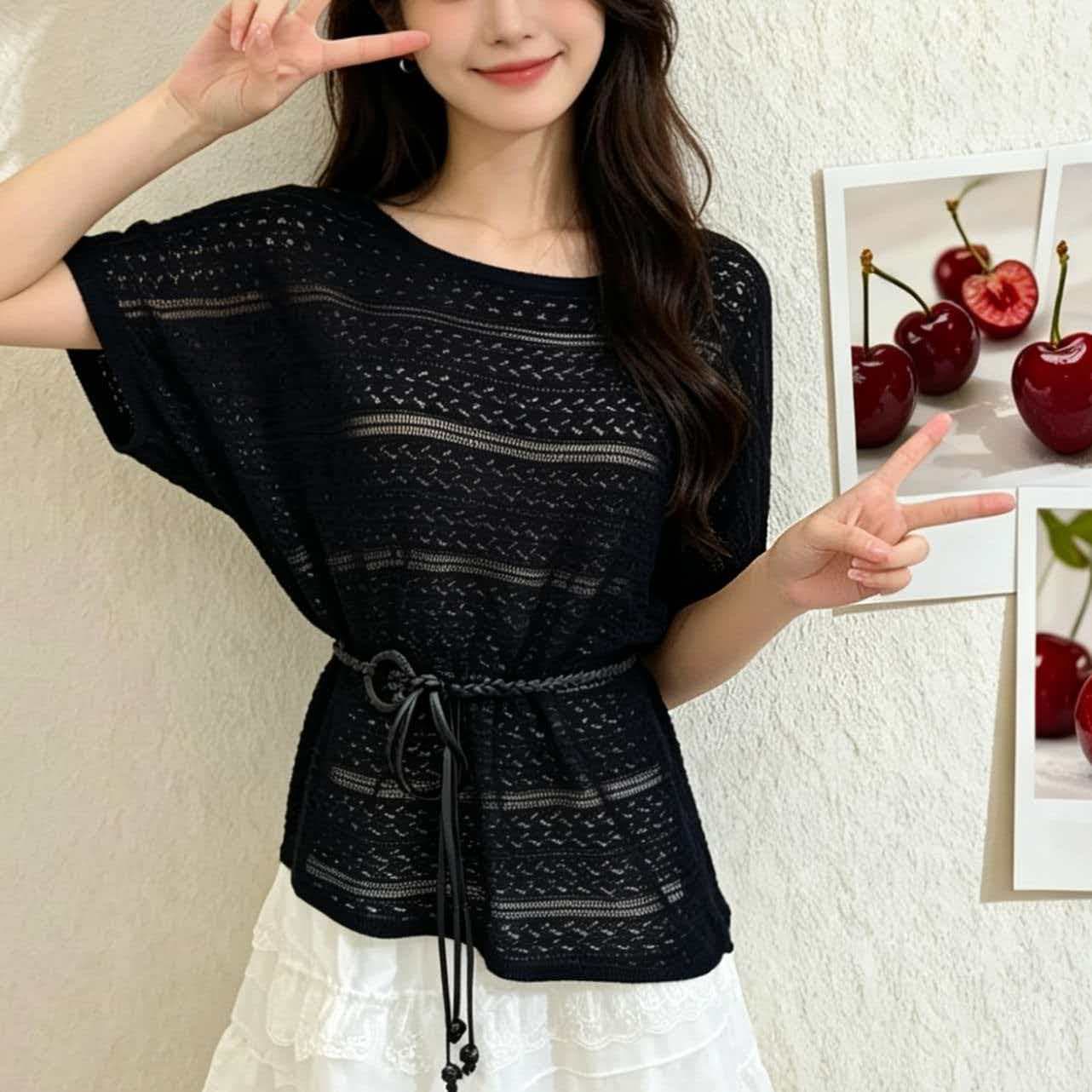 출퇴근 바람 화이트 라운드 넥 반팔 니트 스웨터 여성 여름 얇은 스타일 휴가 바람 몸매 가꾸기 허리 수축 풀오버 블라우스 맨위 상세 이미지 4