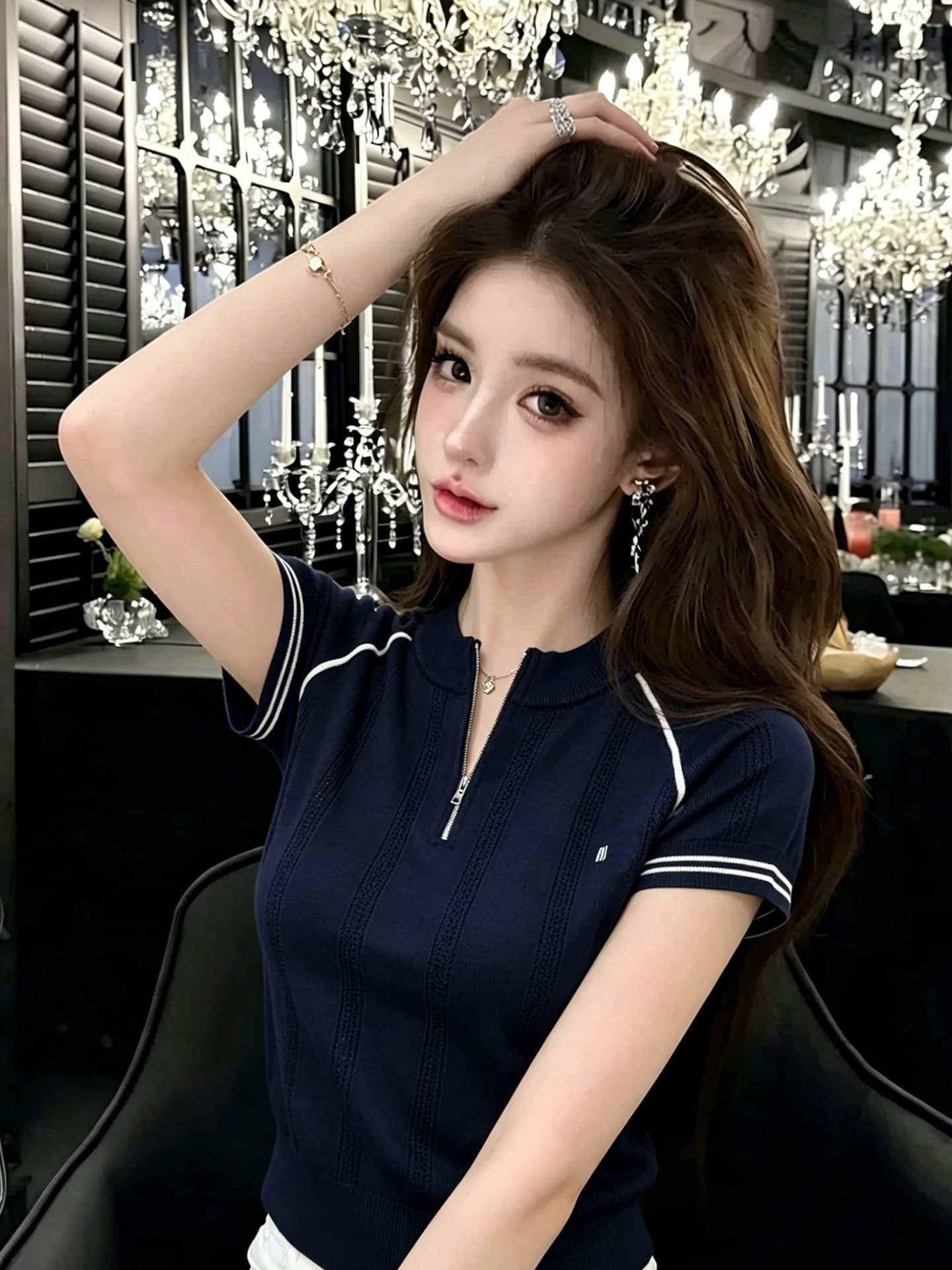 lym studio 레트로 니트 반팔 티셔츠 여성 2026 한국 스타일 여름 몸매 가꾸기 슬림해 보이는 지퍼 배색 맨위 이미지 3