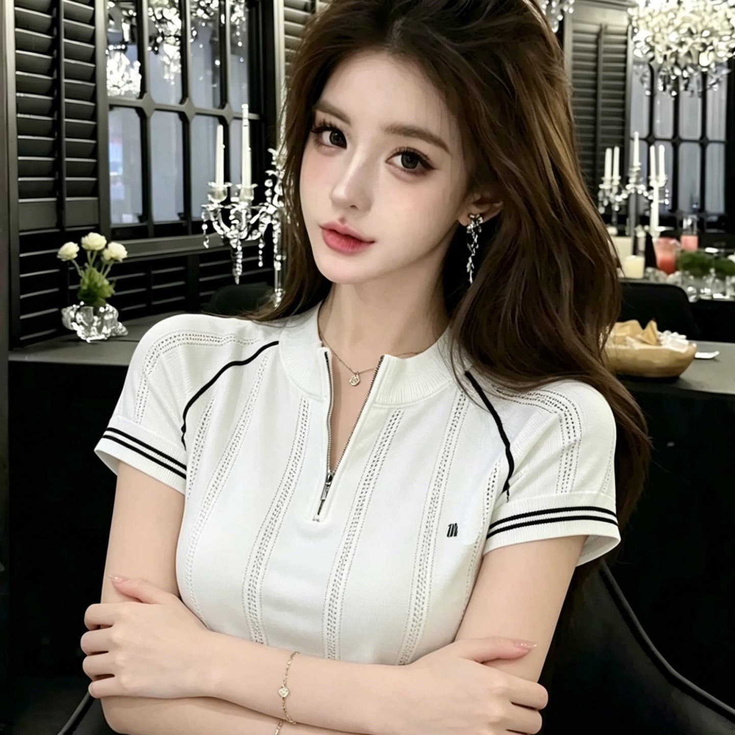 lym studio 레트로 니트 반팔 티셔츠 여성 2026 한국 스타일 여름 몸매 가꾸기 슬림해 보이는 지퍼 배색 맨위 이미지 5