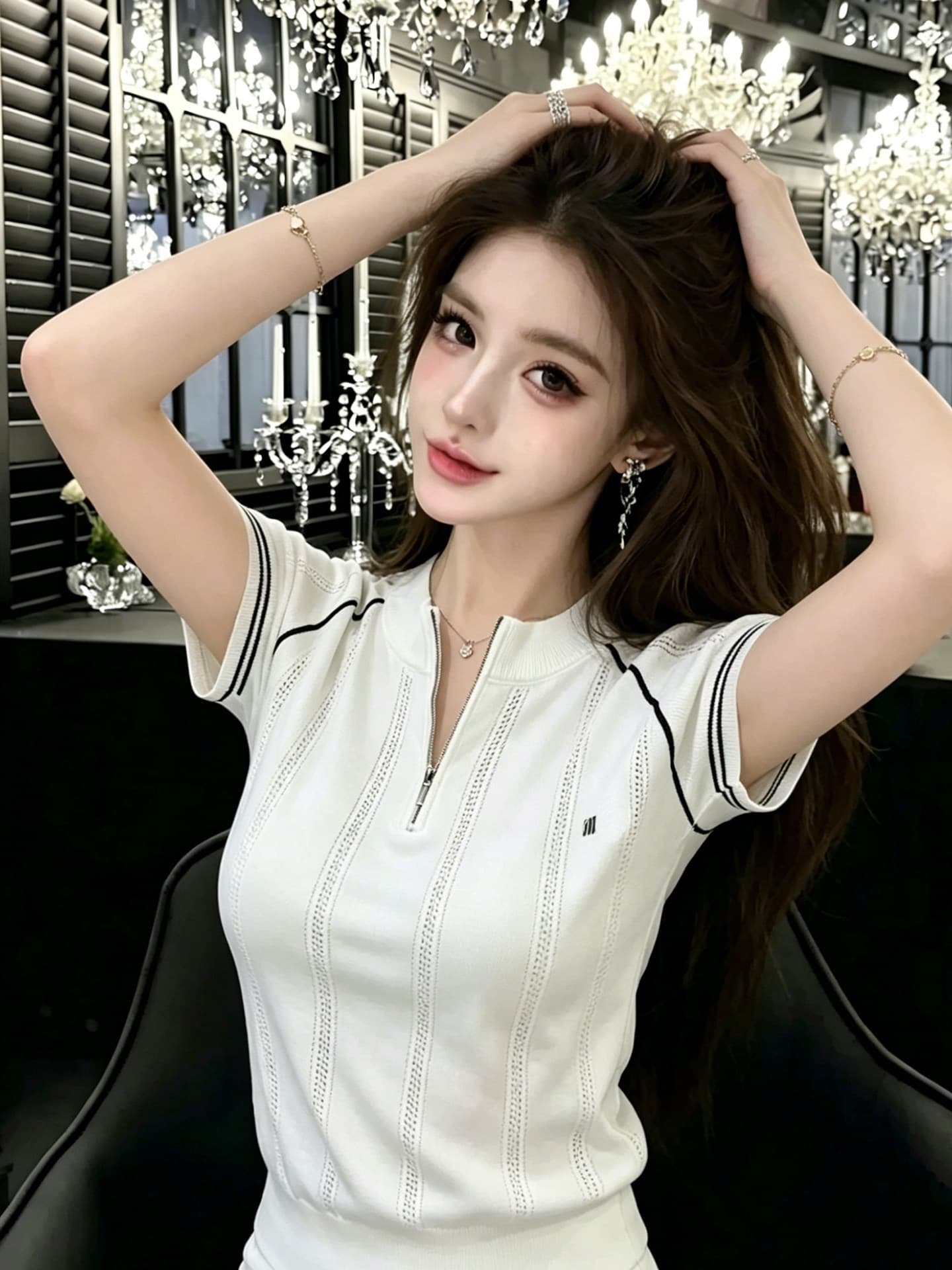 lym studio 레트로 니트 반팔 티셔츠 여성 2026 한국 스타일 여름 몸매 가꾸기 슬림해 보이는 지퍼 배색 맨위 상세 이미지 2