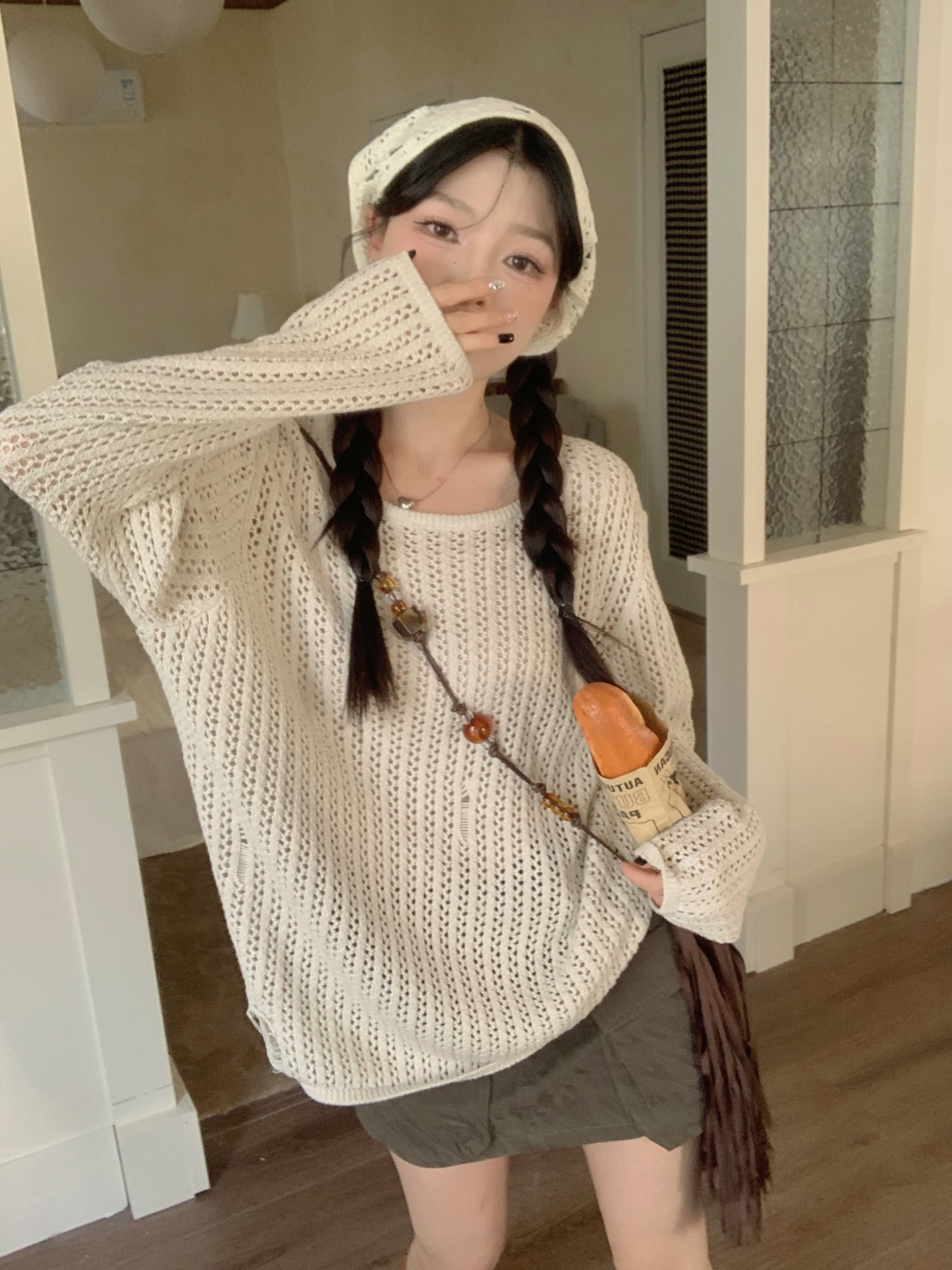 캐주얼 느긋한 바람 루즈핏 다용도 홀로우 아웃 니트 블라우스 태양 보호 셔츠 레트로 달콤한 매운맛 외부 가져 가라. 티셔츠 맨위 여성 트렌디 이미지 2