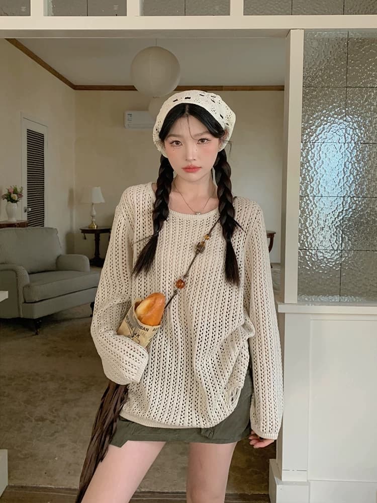 캐주얼 느긋한 바람 루즈핏 다용도 홀로우 아웃 니트 블라우스 태양 보호 셔츠 레트로 달콤한 매운맛 외부 가져 가라. 티셔츠 맨위 여성 트렌디 상세 이미지 1