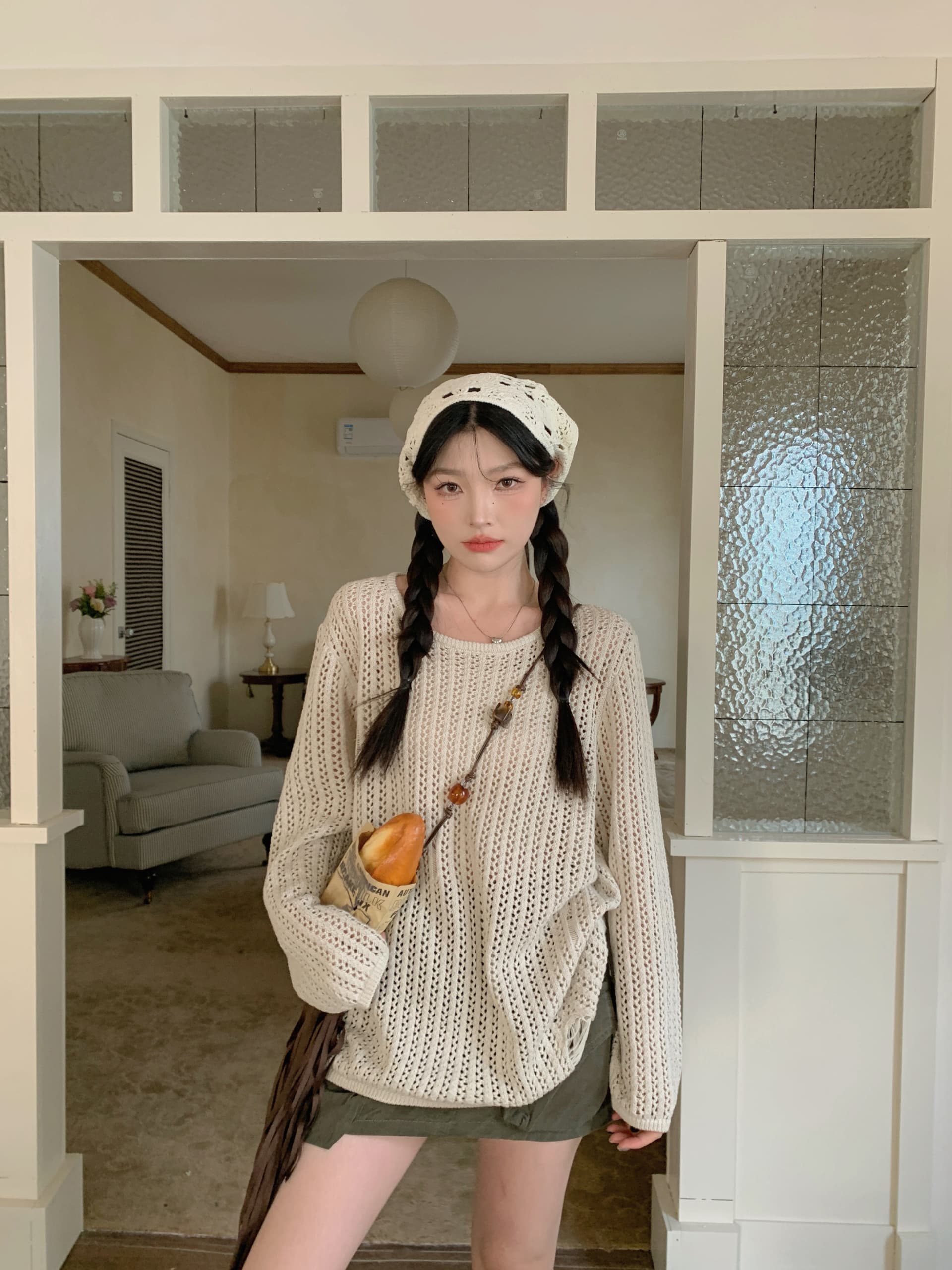 캐주얼 느긋한 바람 루즈핏 다용도 홀로우 아웃 니트 블라우스 태양 보호 셔츠 레트로 달콤한 매운맛 외부 가져 가라. 티셔츠 맨위 여성 트렌디 상세 이미지 8