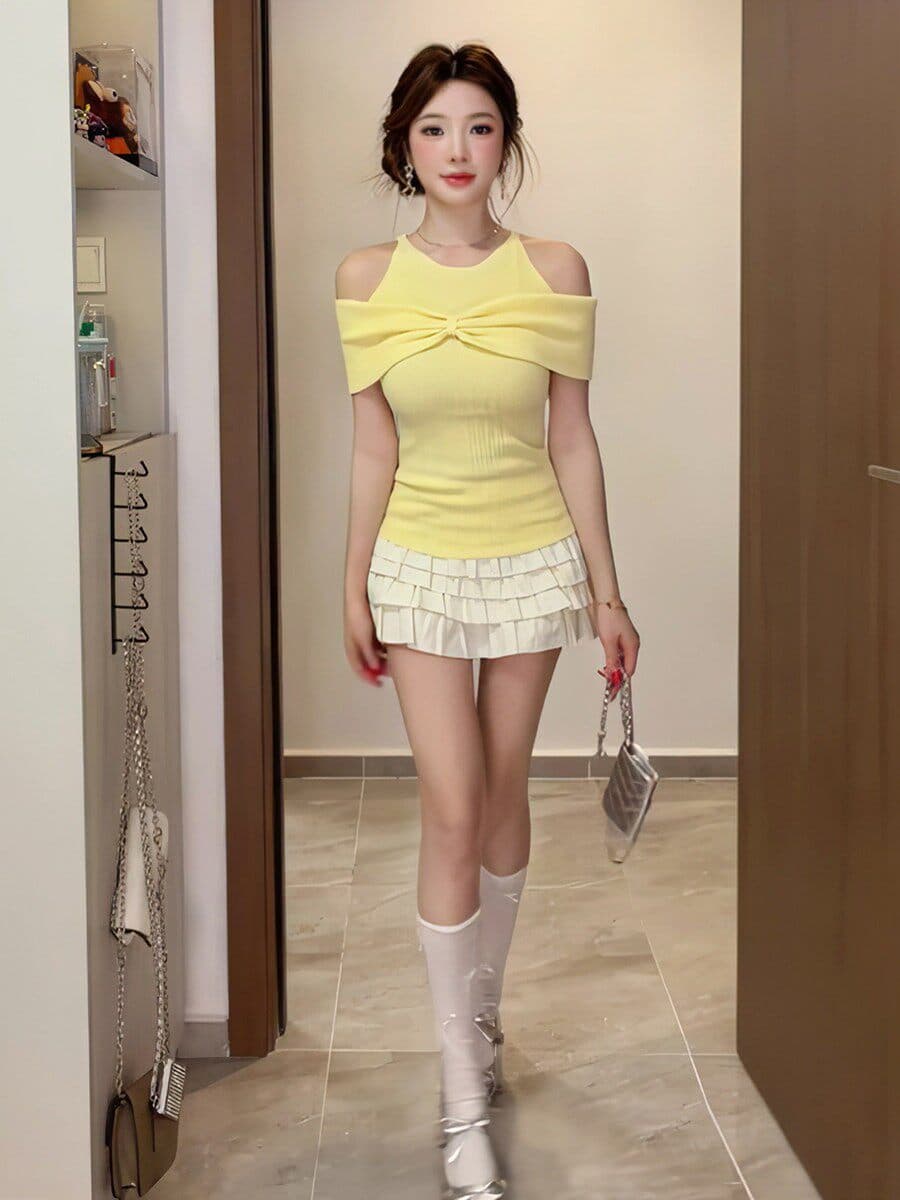 프랑스식 부드러운 바람 비틀림 행침 목 니트 스웨터 여성 여름 새로운 디자인 센스 오프숄더 몸매 가꾸기 슬림해 보이는 반팔 맨위 상세 이미지 4