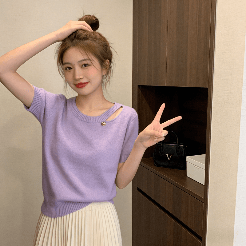 한 부서 패션 홀로우 아웃 라운드 넥 화이트 반팔 니트 스웨터 여성 품격 슬림해 보이는 여름 새로운 느슨함 센스 얇은 맨위 이미지 3