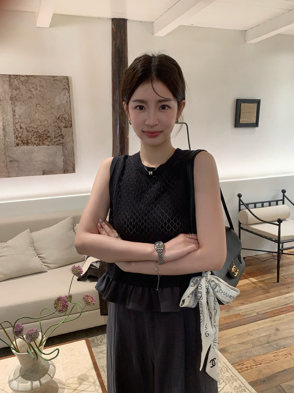 onion 여름 새로운 하얀 달빛 그게 바로 비전 센스 홀로우 아웃 디자인 섹션 레이스 조끼 작은 셔츠 캐주얼 바지 투피스 세트 상세 이미지 8