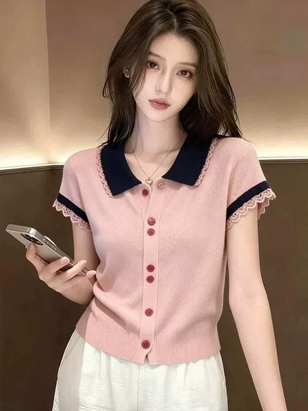 레트로 빛 요리 한 바람 핑크색 POLO 칼라 반팔 오픈 가디건 여성 여름 새로운 고유 한 아름다운 연령 감소 슬림해 보이는 얇은 맨위 상세 이미지 2