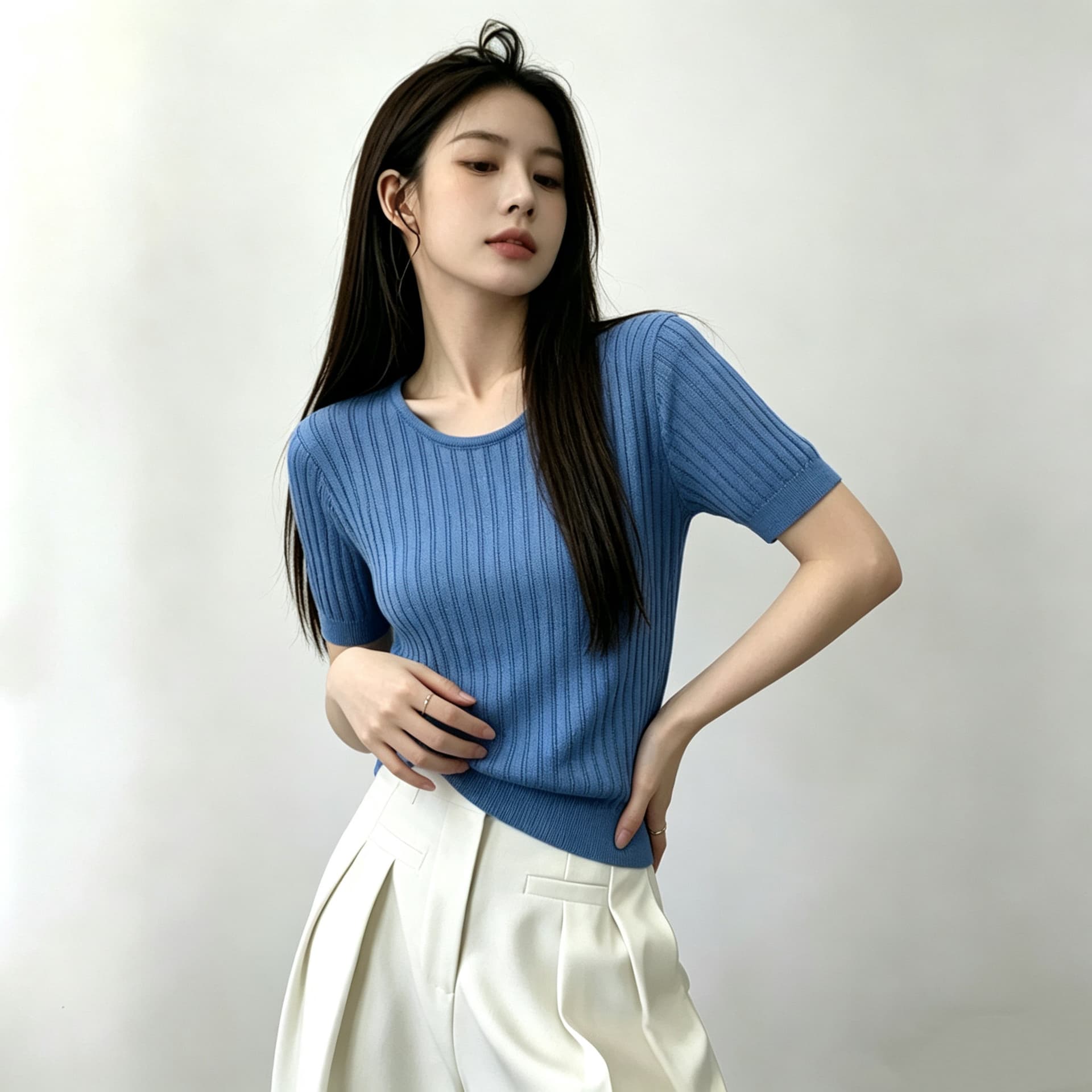 아름다운 라운드 넥 구덩이 기사 반팔 니트 스웨터 여성 아마 워시 물 여름 얇은 스타일 외국 가스 연령 감소 티셔츠 Chic 맨위 상세 이미지 12