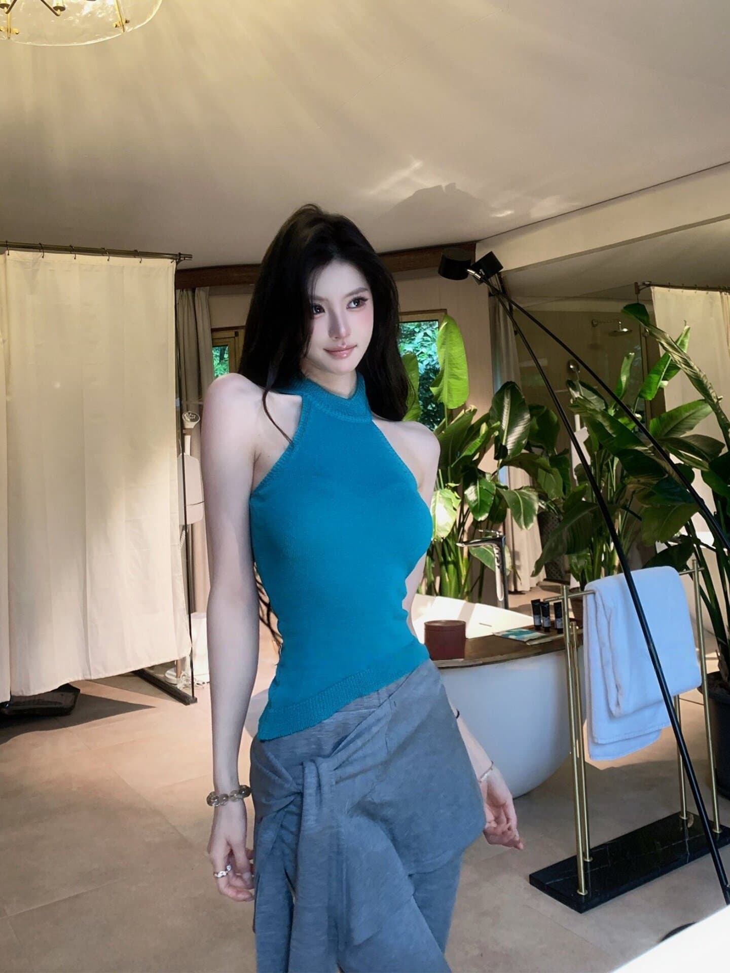 핫걸 행침 목 민소매 니트 조끼 여성 여름 외출용 몸매 가꾸기 작은 대중 Chic 뒤로 레이스업 불규칙 맨위 상세 이미지 1