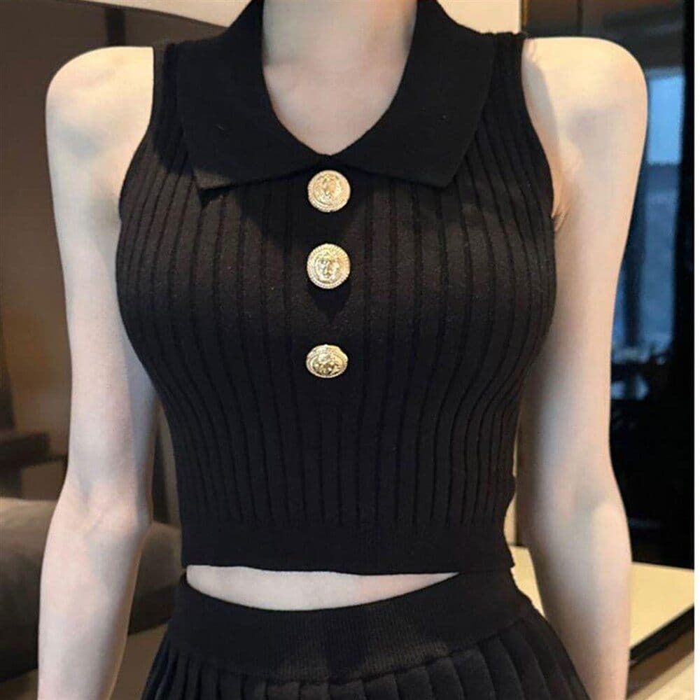 작은 샤넬 스타일 POLO 칼라 얼음 실크 니트 조끼 여성 여름 얇은 스타일 몸매 가꾸기 슬림해 보이는 핫걸 외출용 민소매 짧은 맨위 이미지 2
