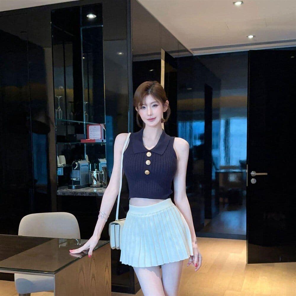 작은 샤넬 스타일 POLO 칼라 얼음 실크 니트 조끼 여성 여름 얇은 스타일 몸매 가꾸기 슬림해 보이는 핫걸 외출용 민소매 짧은 맨위 상세 이미지 2