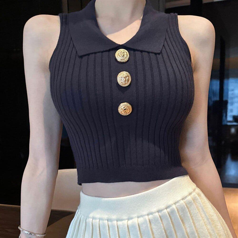 작은 샤넬 스타일 POLO 칼라 얼음 실크 니트 조끼 여성 여름 얇은 스타일 몸매 가꾸기 슬림해 보이는 핫걸 외출용 민소매 짧은 맨위 상세 이미지 6