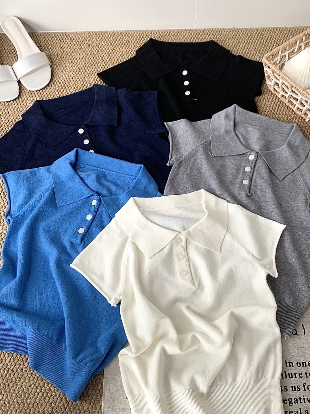 레트로 단추 POLO 칼라 니트 반팔 여성 여름 디스플레이 화이트 톰 글 래 원인 블루 티셔츠 품격 폴로 칼라 쇼트 스타일 맨위