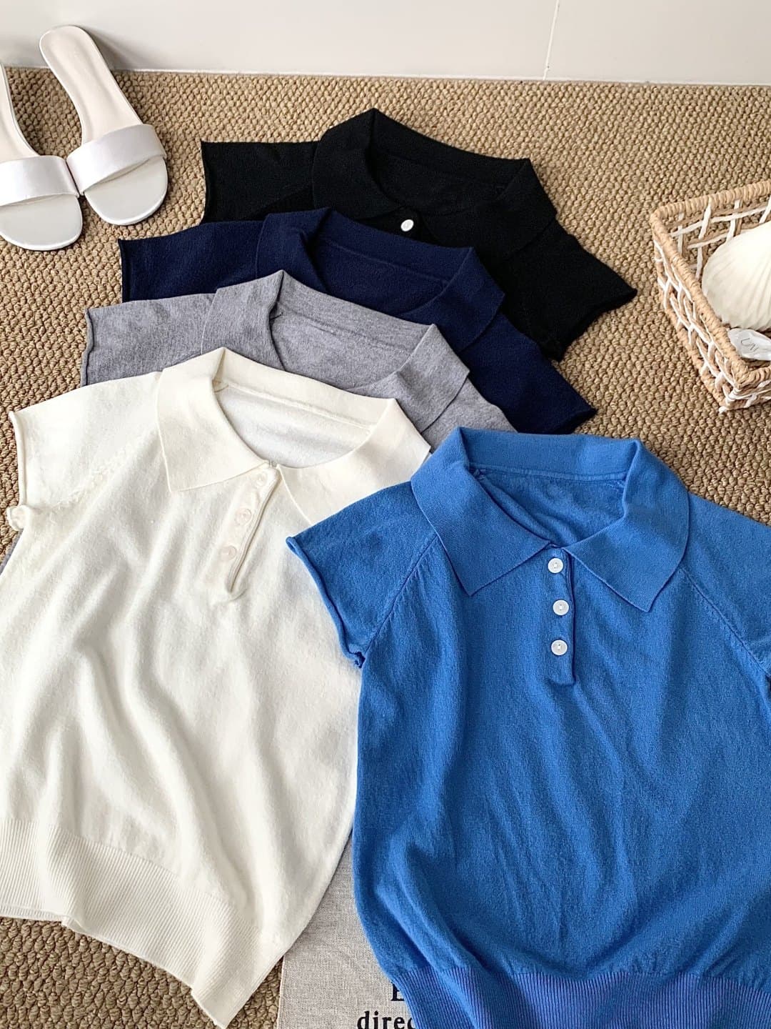 레트로 단추 POLO 칼라 니트 반팔 여성 여름 디스플레이 화이트 톰 글 래 원인 블루 티셔츠 품격 폴로 칼라 쇼트 스타일 맨위 이미지 2