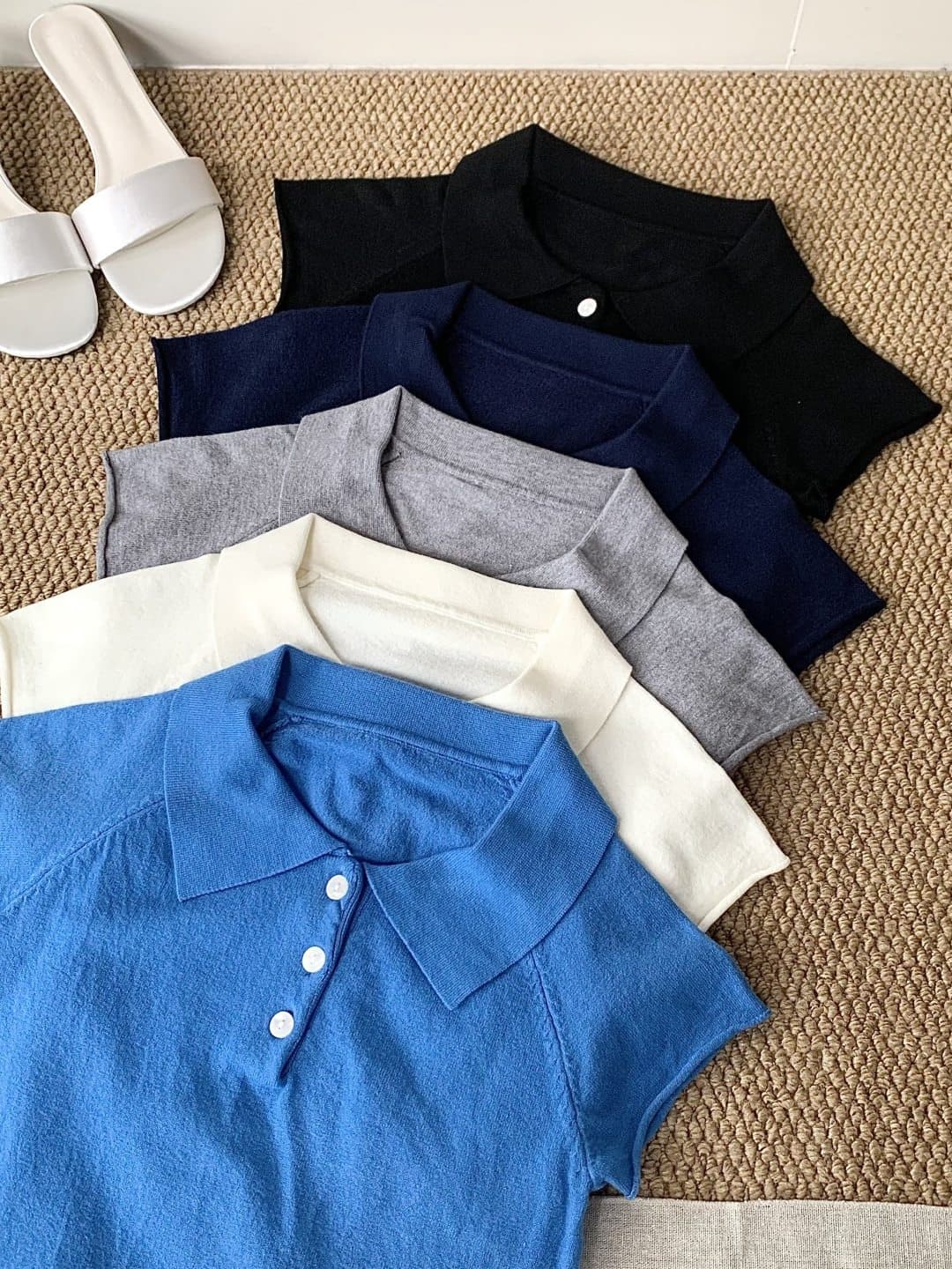레트로 단추 POLO 칼라 니트 반팔 여성 여름 디스플레이 화이트 톰 글 래 원인 블루 티셔츠 품격 폴로 칼라 쇼트 스타일 맨위 이미지 4