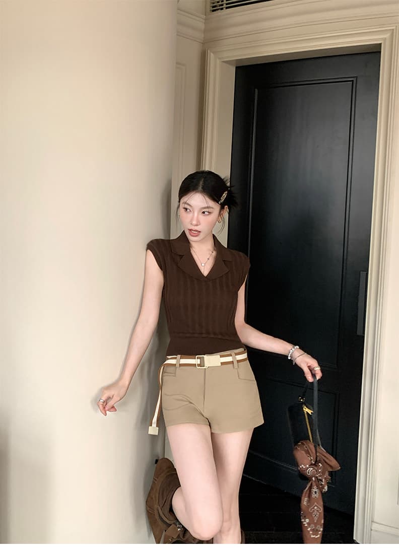 캐주얼 편안함 다용도 반팔 티셔츠 여성 2026 여름 얇은 스타일 미니멀리즘 폴로 칼라 민소매 니트 POLO 셔츠 맨위 상세 이미지 48