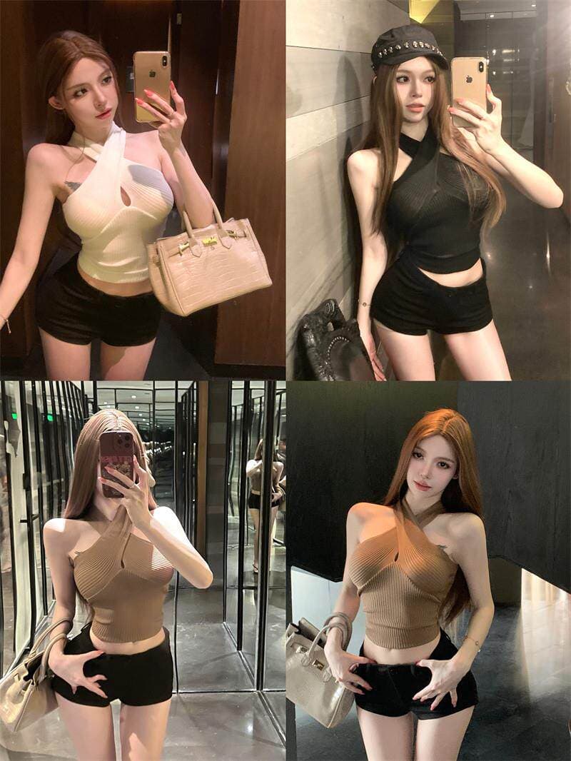 한국 스타일 니트 슬립 작은 조끼 여성 의류 여름 새로운 십자가 행침 목 섹시함 달콤한 핫걸 쇼트 스타일 맨위 여성 상세 이미지 4