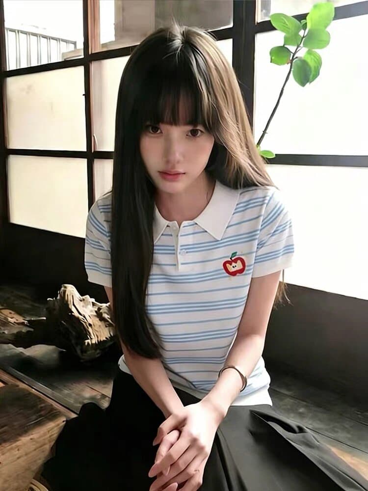 한 부서 학원 스타일 블루 화이트 스트라이프 POLO 셔츠 반팔 여성 여름 몸매 가꾸기 슬림해 보이는 디자인 센스 작은 대중 긍정적 인 어깨 의류