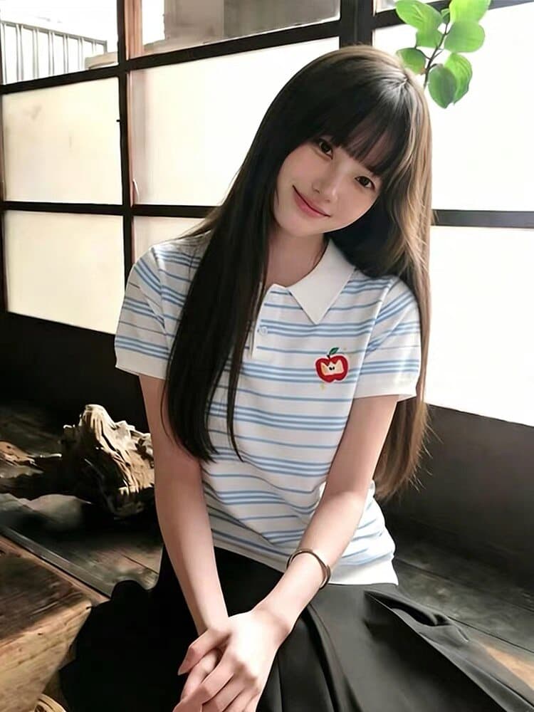 한 부서 학원 스타일 블루 화이트 스트라이프 POLO 셔츠 반팔 여성 여름 몸매 가꾸기 슬림해 보이는 디자인 센스 작은 대중 긍정적 인 어깨 의류 이미지 4