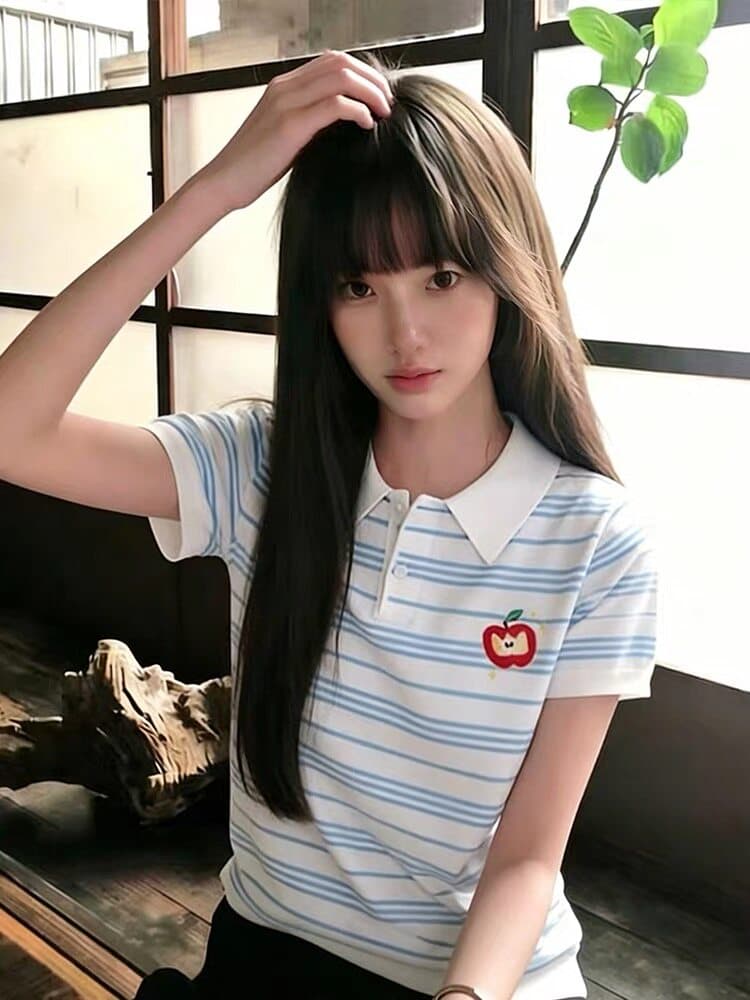 한 부서 학원 스타일 블루 화이트 스트라이프 POLO 셔츠 반팔 여성 여름 몸매 가꾸기 슬림해 보이는 디자인 센스 작은 대중 긍정적 인 어깨 의류 상세 이미지 3