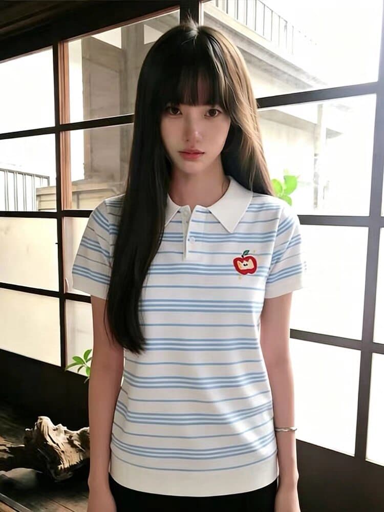 한 부서 학원 스타일 블루 화이트 스트라이프 POLO 셔츠 반팔 여성 여름 몸매 가꾸기 슬림해 보이는 디자인 센스 작은 대중 긍정적 인 어깨 의류 상세 이미지 6