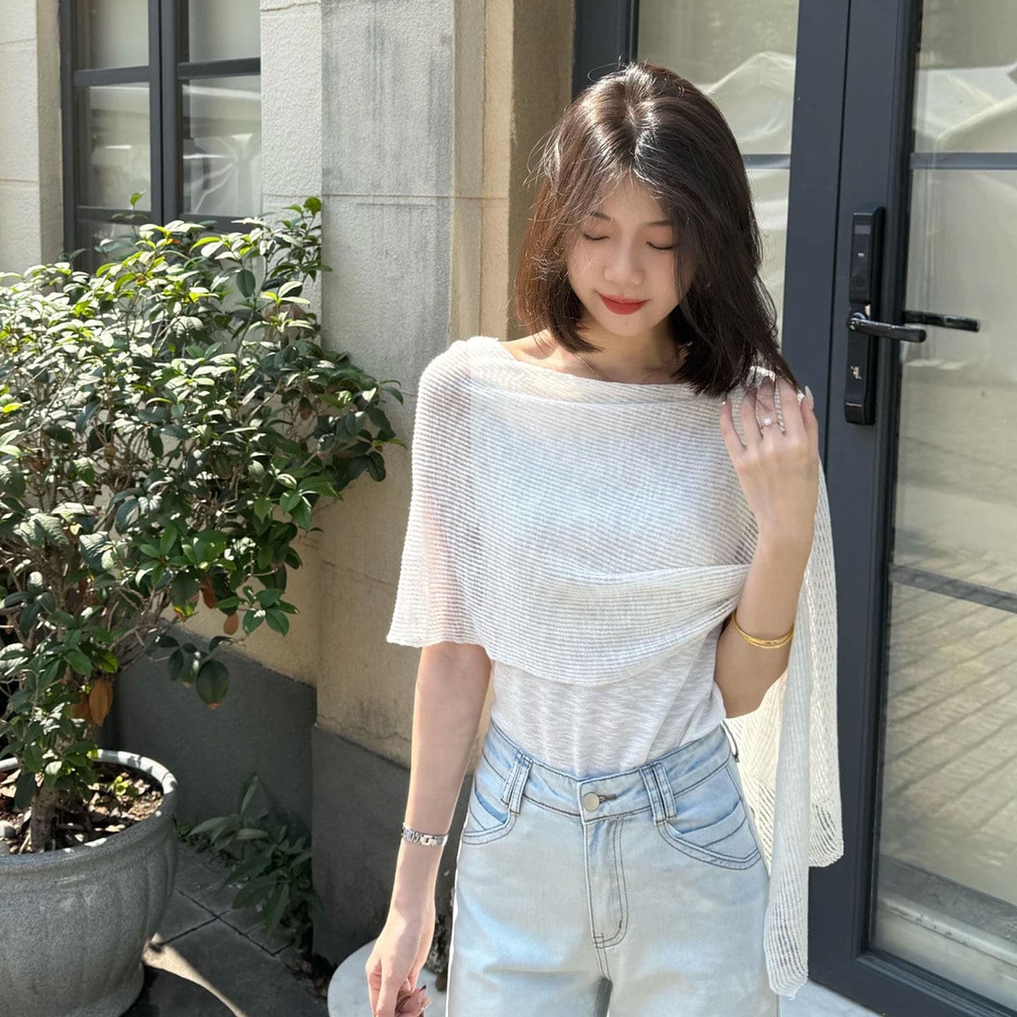 오래된 돈 바람 착용 가져 가라. 페이크 레이어드 얼음 실크 반팔 니트 스웨터 여성 여름 루즈핏 얇고 가벼운 통기성 망토 숄 맨위 상세 이미지 5