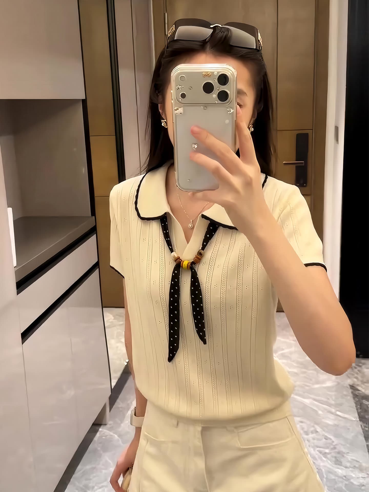 한 부서 학원 스타일 POLO 칼라 반팔 니트 스웨터 여성 여름 얇은 스타일 얼음 실크 몸매 가꾸기 슬림해 보이는 다용도 살구 색상 맨위 이미지 2