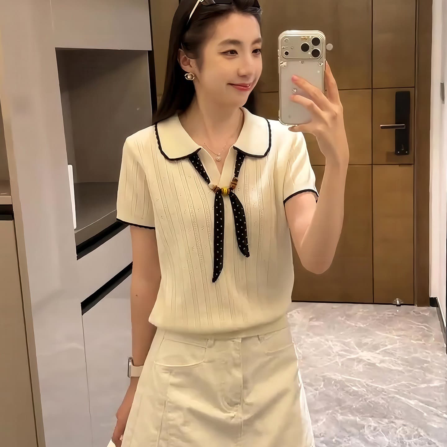 한 부서 학원 스타일 POLO 칼라 반팔 니트 스웨터 여성 여름 얇은 스타일 얼음 실크 몸매 가꾸기 슬림해 보이는 다용도 살구 색상 맨위 이미지 5
