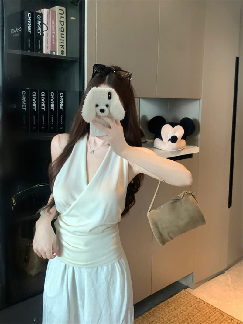 화이트 V넥 십자가 행침 목 조끼 여성 여름 순수한 욕망 민소매 외출용 디자인 센스 몸매 가꾸기 슬림해 보이는 쇼트 스타일 맨위 상세 이미지 9