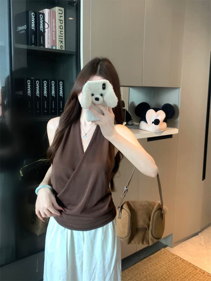 화이트 V넥 십자가 행침 목 조끼 여성 여름 순수한 욕망 민소매 외출용 디자인 센스 몸매 가꾸기 슬림해 보이는 쇼트 스타일 맨위 상세 이미지 14
