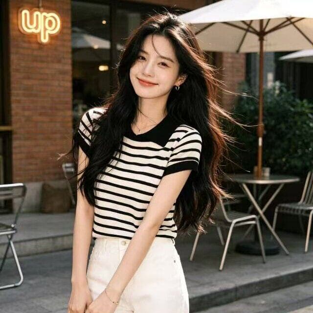 한 부서 학원 스타일 파란색 스트라이프 polo 폴로 칼라 니트 반팔 티셔츠 여성 여름 아름다운 연령 감소 다용도 맨위 이미지 2