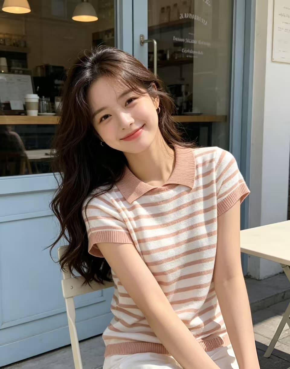 한 부서 학원 스타일 파란색 스트라이프 polo 폴로 칼라 니트 반팔 티셔츠 여성 여름 아름다운 연령 감소 다용도 맨위 상세 이미지 2