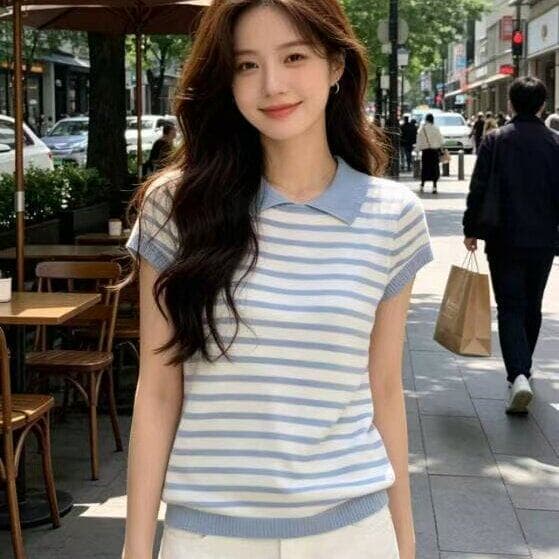 한 부서 학원 스타일 파란색 스트라이프 polo 폴로 칼라 니트 반팔 티셔츠 여성 여름 아름다운 연령 감소 다용도 맨위 상세 이미지 5
