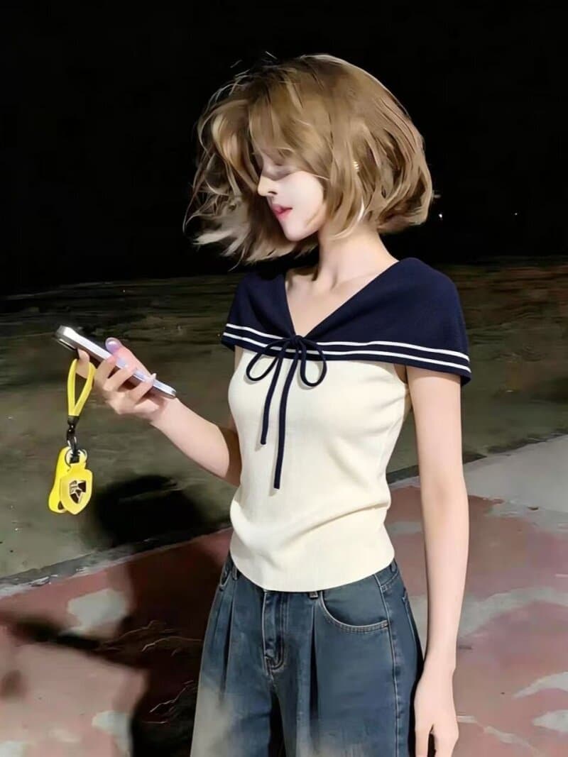 학원 스타일 배색 해군 칼라 반팔 티셔츠 여성 여름 몸매 가꾸기 슬림해 보이는 니트 기본 셔츠 연령 감소 쇼트 스타일 맨위 이미지 3