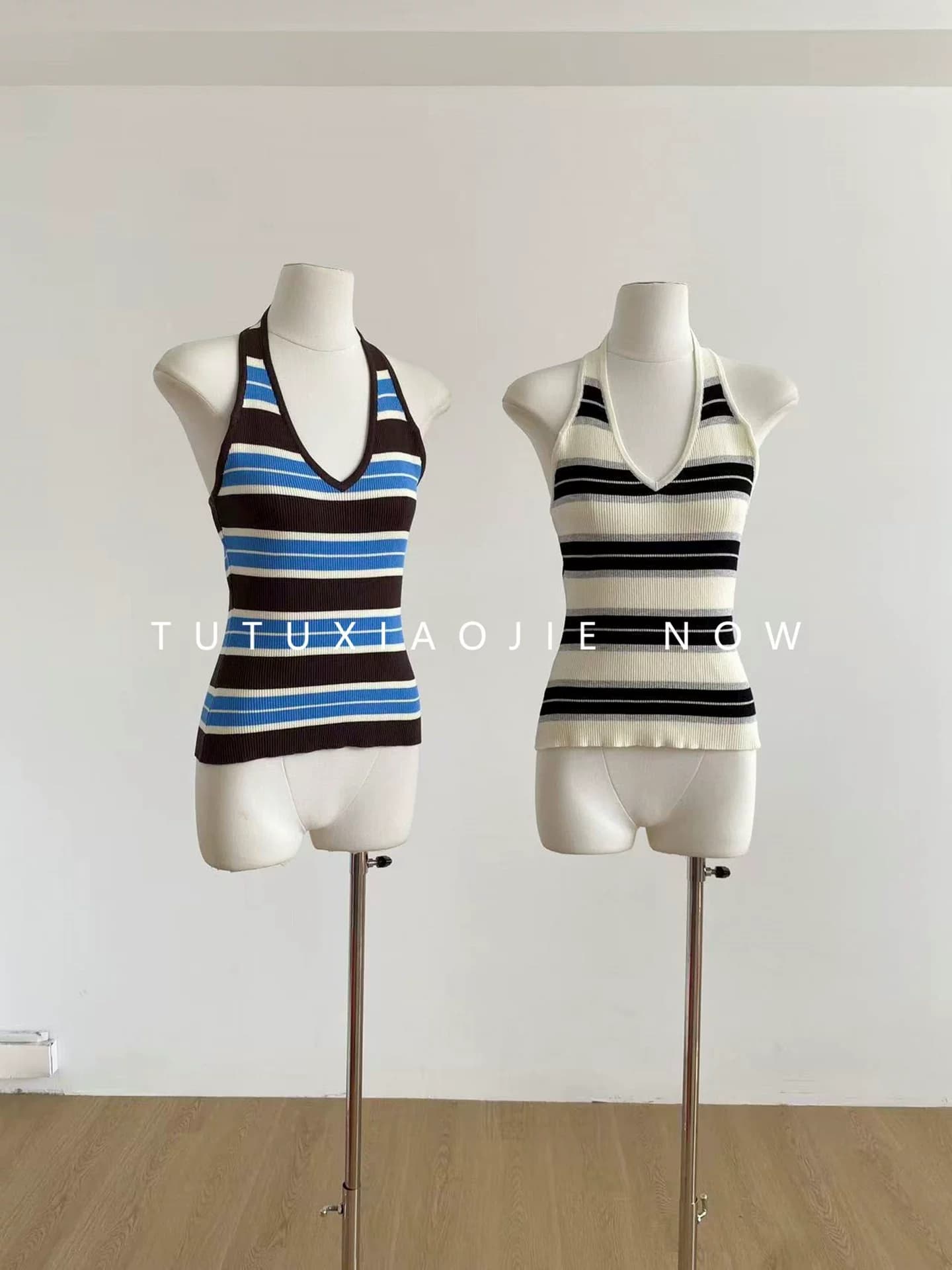 2026 년 여름 새로운 달콤한 매운맛 타이트 슬림해 보이는 스트라이프 행침 목 조끼 여성 몸매 가꾸기 V넥 니트 맨위 외출용 상세 이미지 16