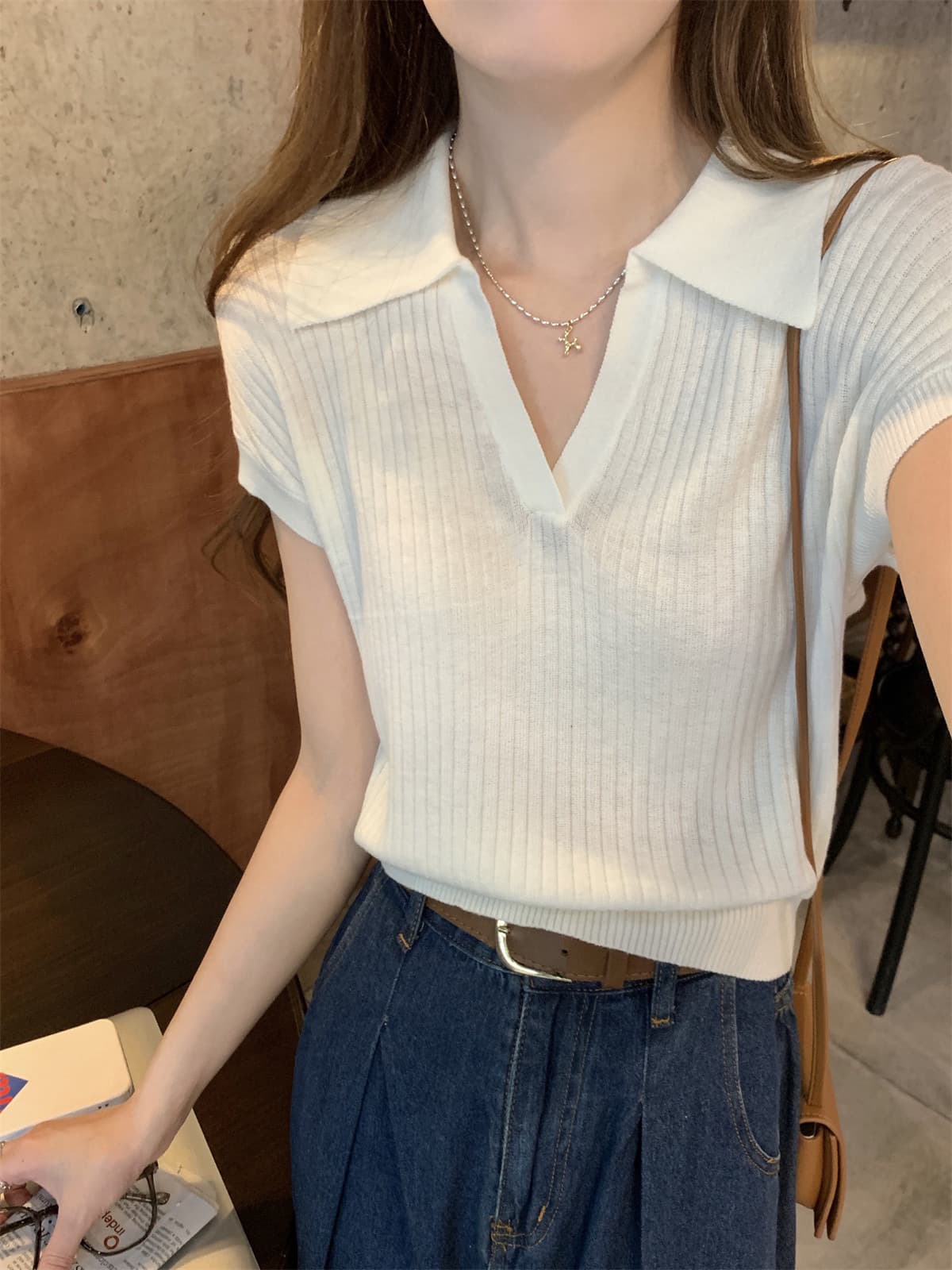 프랑스식 POLO 칼라 구덩이 기사 얼음 실크 니트 반팔 여성 여름 얇은 스타일 작은 대중 품격 다용도 티셔츠 Chic 맨위