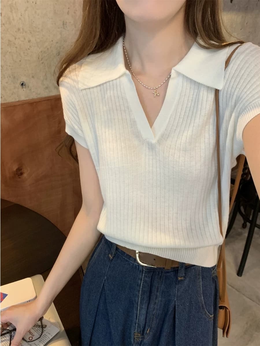 프랑스식 POLO 칼라 구덩이 기사 얼음 실크 니트 반팔 여성 여름 얇은 스타일 작은 대중 품격 다용도 티셔츠 Chic 맨위 상세 이미지 1