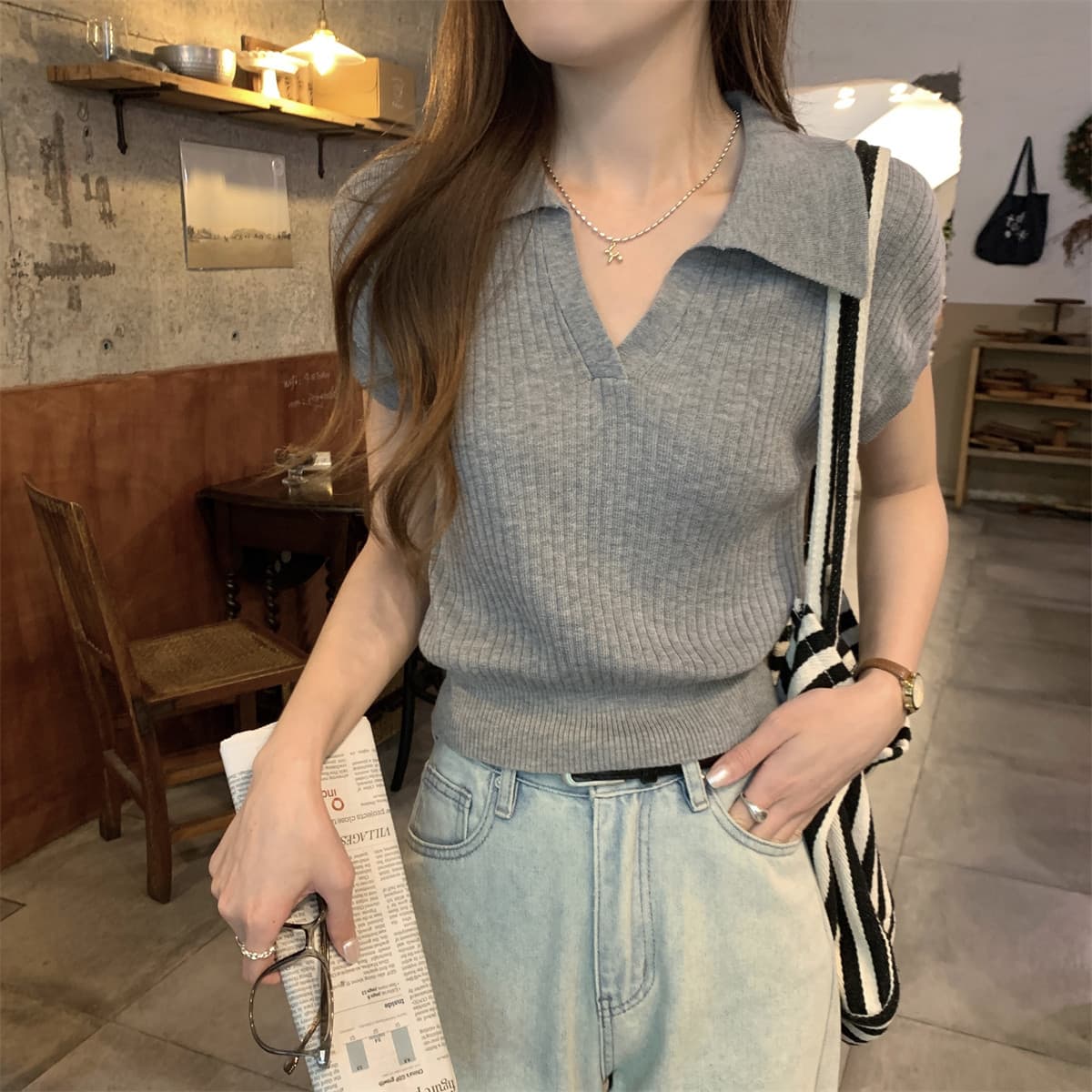 프랑스식 POLO 칼라 구덩이 기사 얼음 실크 니트 반팔 여성 여름 얇은 스타일 작은 대중 품격 다용도 티셔츠 Chic 맨위 상세 이미지 9