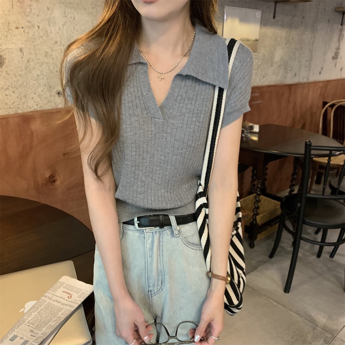 프랑스식 POLO 칼라 구덩이 기사 얼음 실크 니트 반팔 여성 여름 얇은 스타일 작은 대중 품격 다용도 티셔츠 Chic 맨위 상세 이미지 10