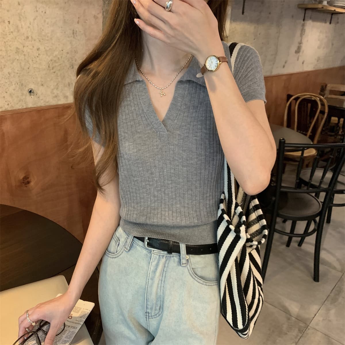 프랑스식 POLO 칼라 구덩이 기사 얼음 실크 니트 반팔 여성 여름 얇은 스타일 작은 대중 품격 다용도 티셔츠 Chic 맨위 상세 이미지 12