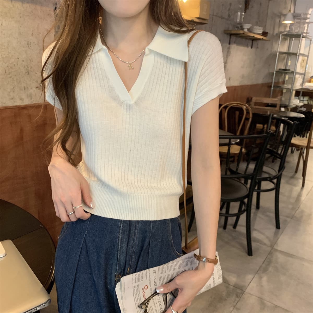 프랑스식 POLO 칼라 구덩이 기사 얼음 실크 니트 반팔 여성 여름 얇은 스타일 작은 대중 품격 다용도 티셔츠 Chic 맨위 상세 이미지 16