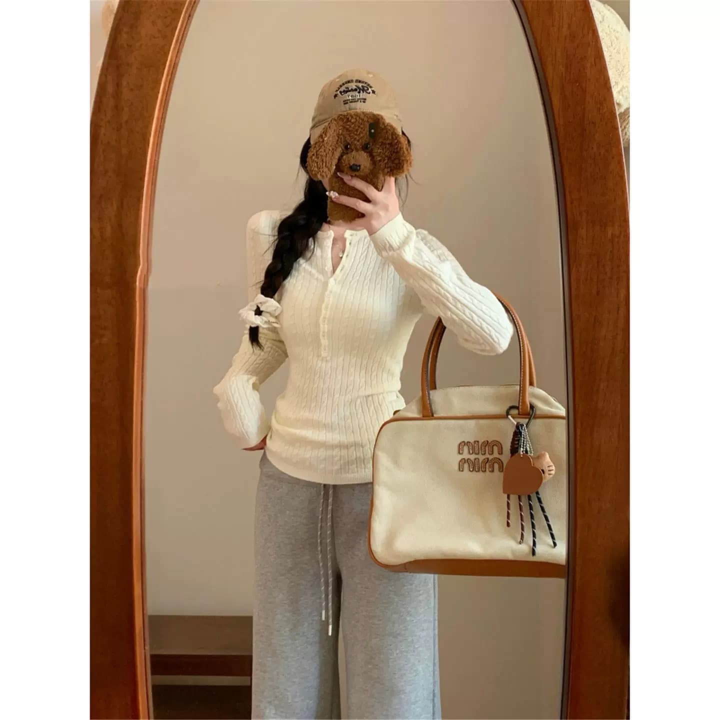 miu 부서 핑크색 꽈배기 헨리 칼라 긍정적 인 어깨 긴팔 니트 스웨터 여성 가을 겨울 몸매 가꾸기 bm 인사이드 가져 가라. 기본 셔츠 맨위 상세 이미지 4