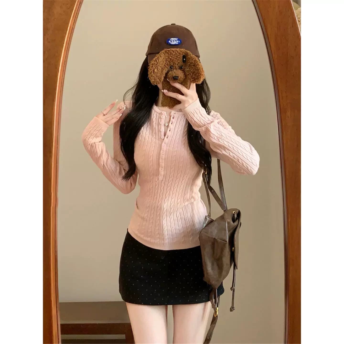miu 부서 핑크색 꽈배기 헨리 칼라 긍정적 인 어깨 긴팔 니트 스웨터 여성 가을 겨울 몸매 가꾸기 bm 인사이드 가져 가라. 기본 셔츠 맨위 상세 이미지 6