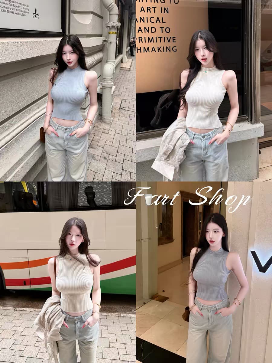 farte shop 바다 거리 일기 민소매 구덩이 기사 반하이넥 조끼 여성 여름 외출용 허리 수축 쇼트 스타일 켜기 이미지 3