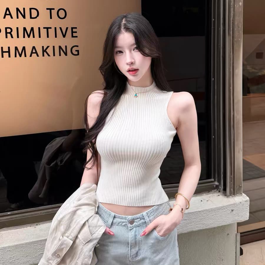 farte shop 바다 거리 일기 민소매 구덩이 기사 반하이넥 조끼 여성 여름 외출용 허리 수축 쇼트 스타일 켜기 이미지 5