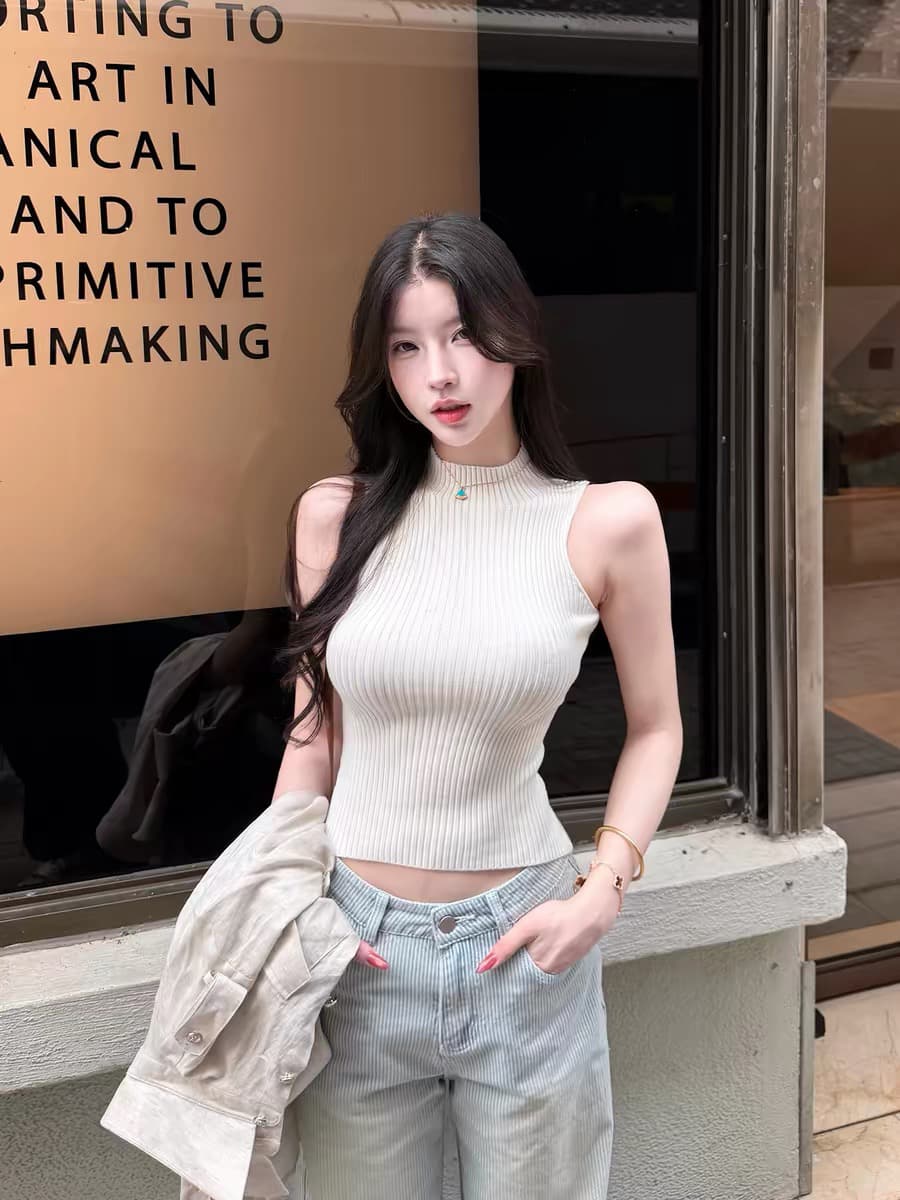 farte shop 바다 거리 일기 민소매 구덩이 기사 반하이넥 조끼 여성 여름 외출용 허리 수축 쇼트 스타일 켜기 상세 이미지 21