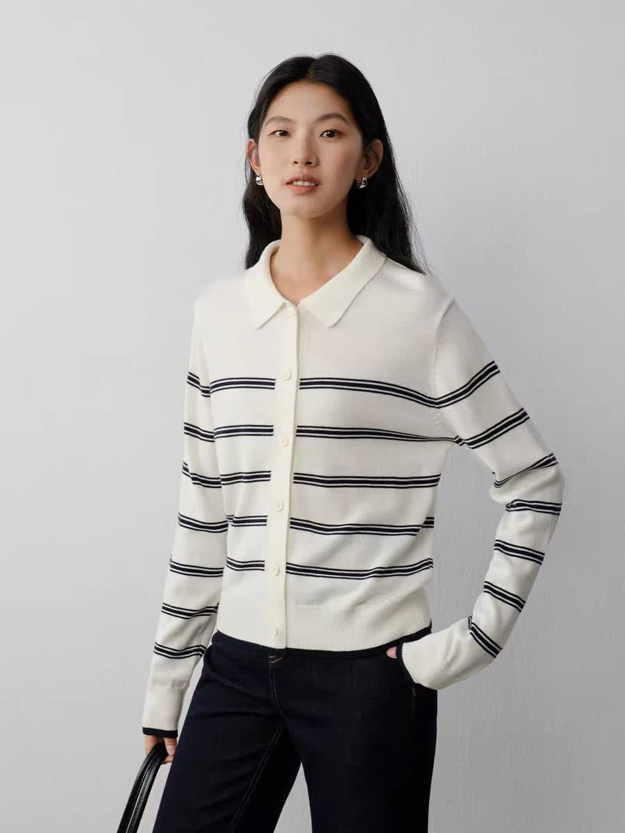 광저우 열세 개 고급 여성 의류 새로운 레트로 스트라이프 니트 스웨터 긴팔 슬림해 보이는 다용도 품격 캐주얼 맨위 상세 이미지 9
