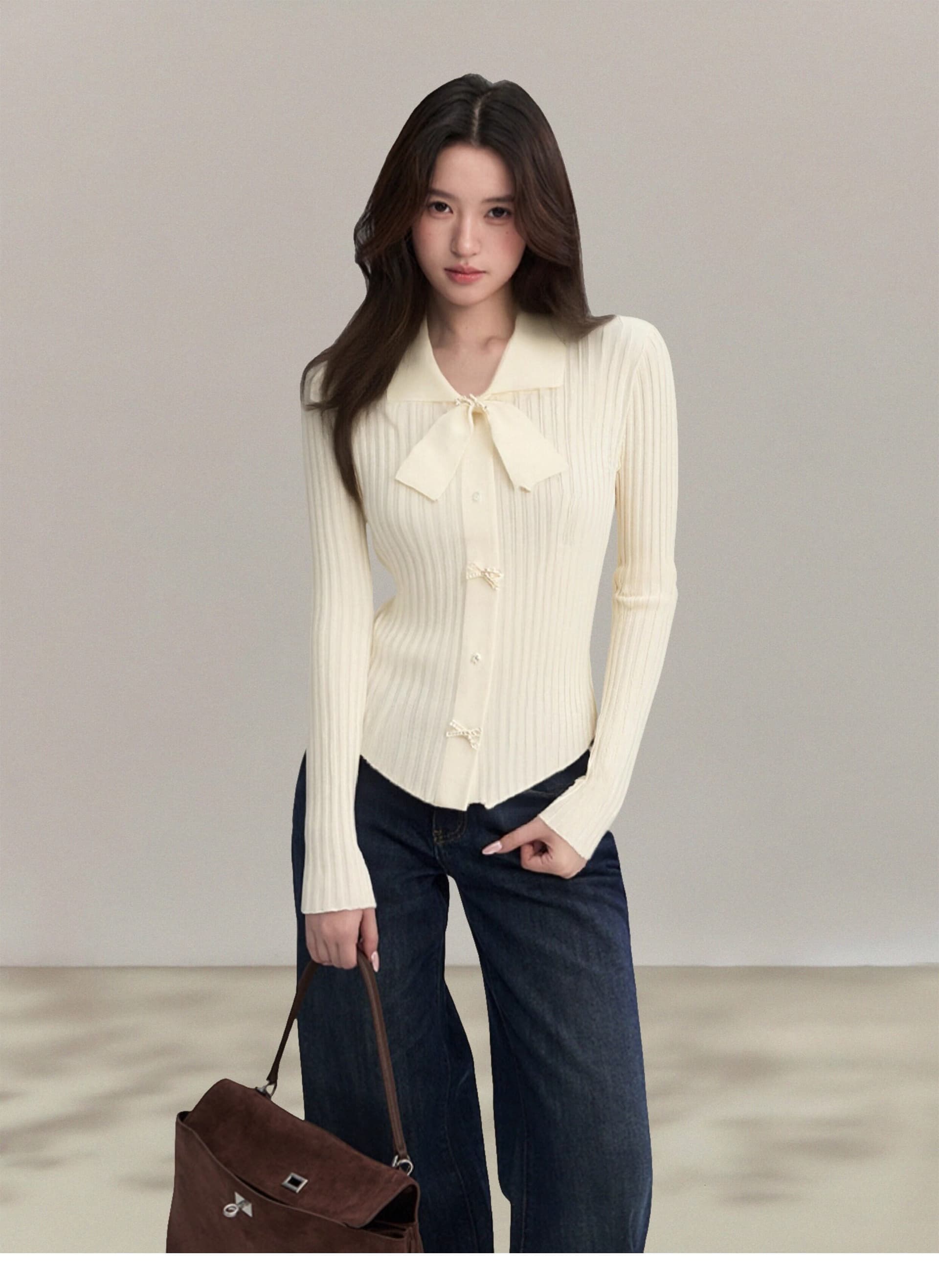 가을 겨울 나비 매듭 POLO 칼라 긴팔 맨위 전체 집합 몸매 가꾸기 여성 만나는 니트 스웨터 스웨터 인사이드 가져 가라. 이미지 4
