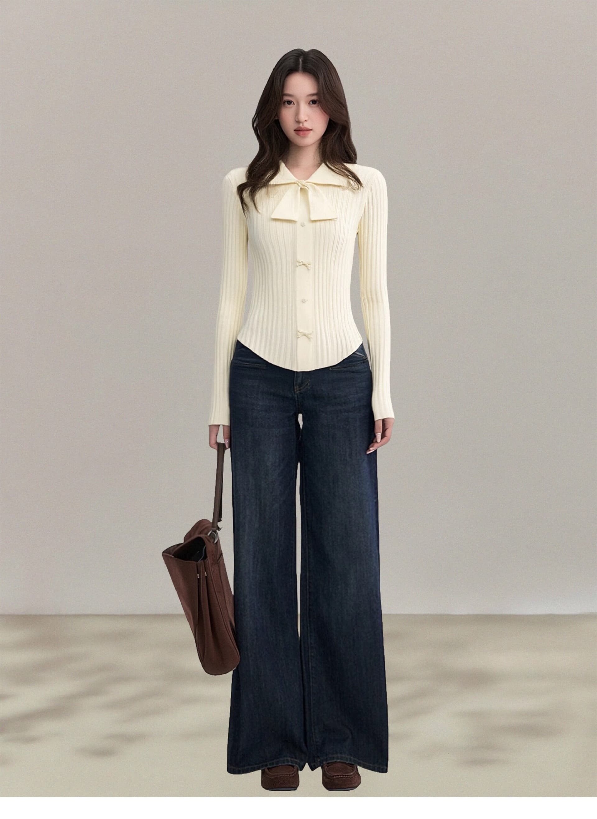 가을 겨울 나비 매듭 POLO 칼라 긴팔 맨위 전체 집합 몸매 가꾸기 여성 만나는 니트 스웨터 스웨터 인사이드 가져 가라. 이미지 3