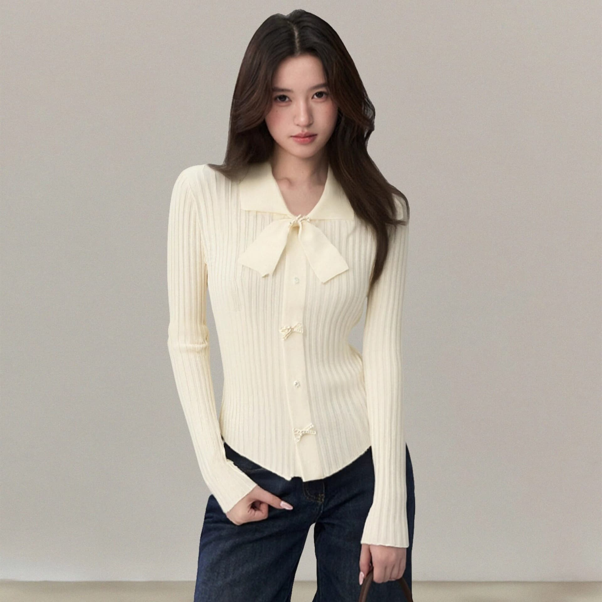 가을 겨울 나비 매듭 POLO 칼라 긴팔 맨위 전체 집합 몸매 가꾸기 여성 만나는 니트 스웨터 스웨터 인사이드 가져 가라. 이미지 5
